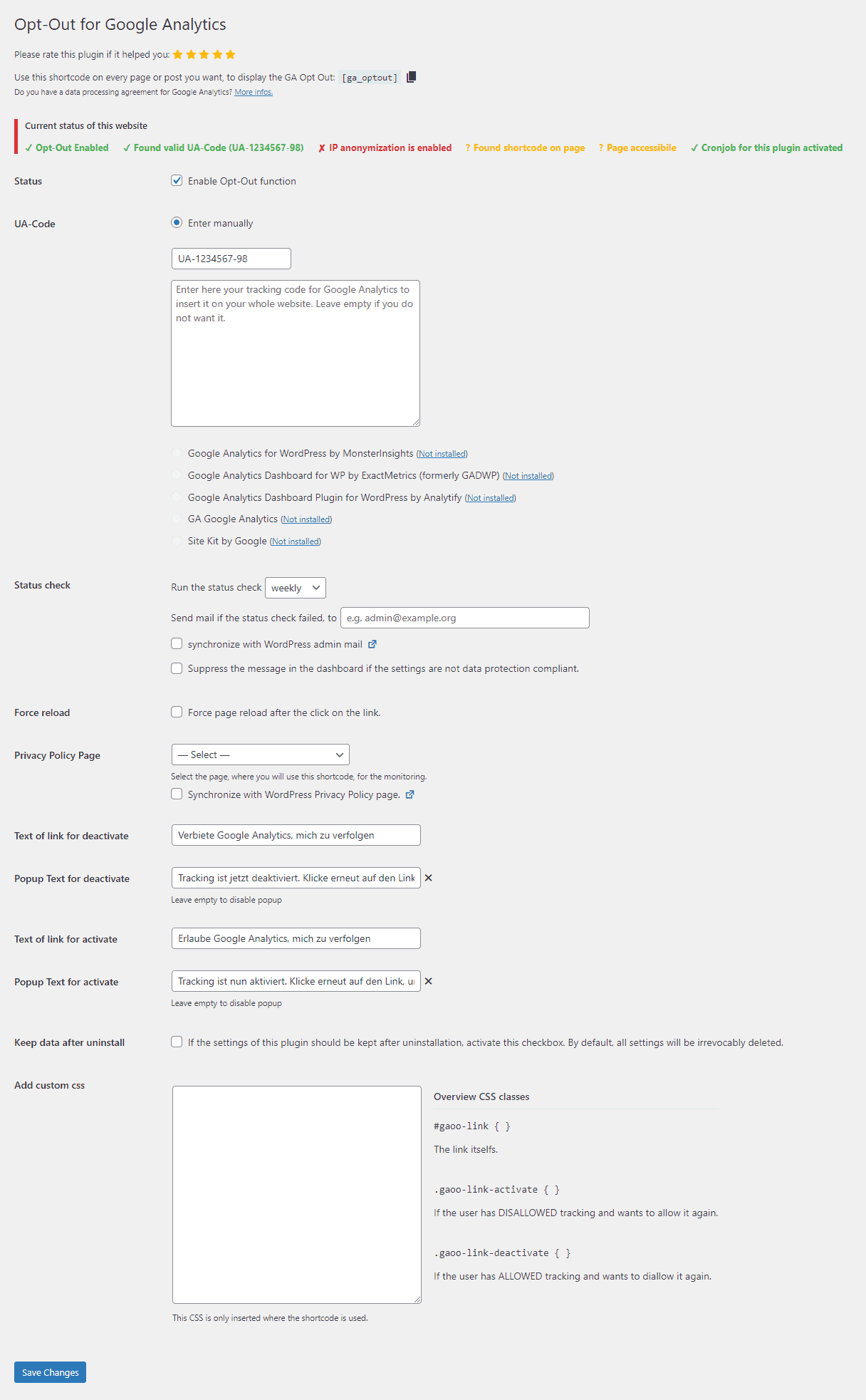 Settings overview of the plugin (Dashboard: Settings > GA Opt-Out).