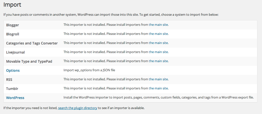 "Options" is seamlessly included in the list of importers.