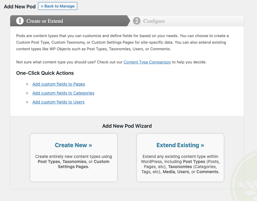 Create new content types or extend existing ones