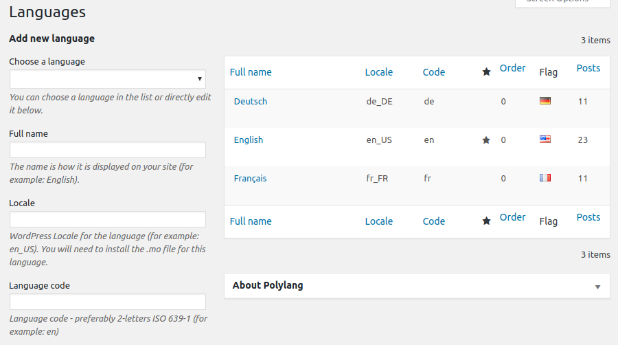 The Polylang languages admin panel