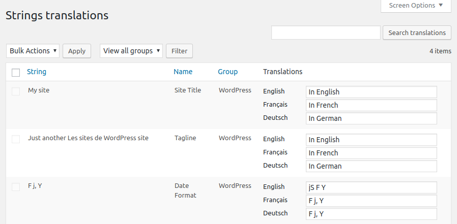 The Strings translations admin panel