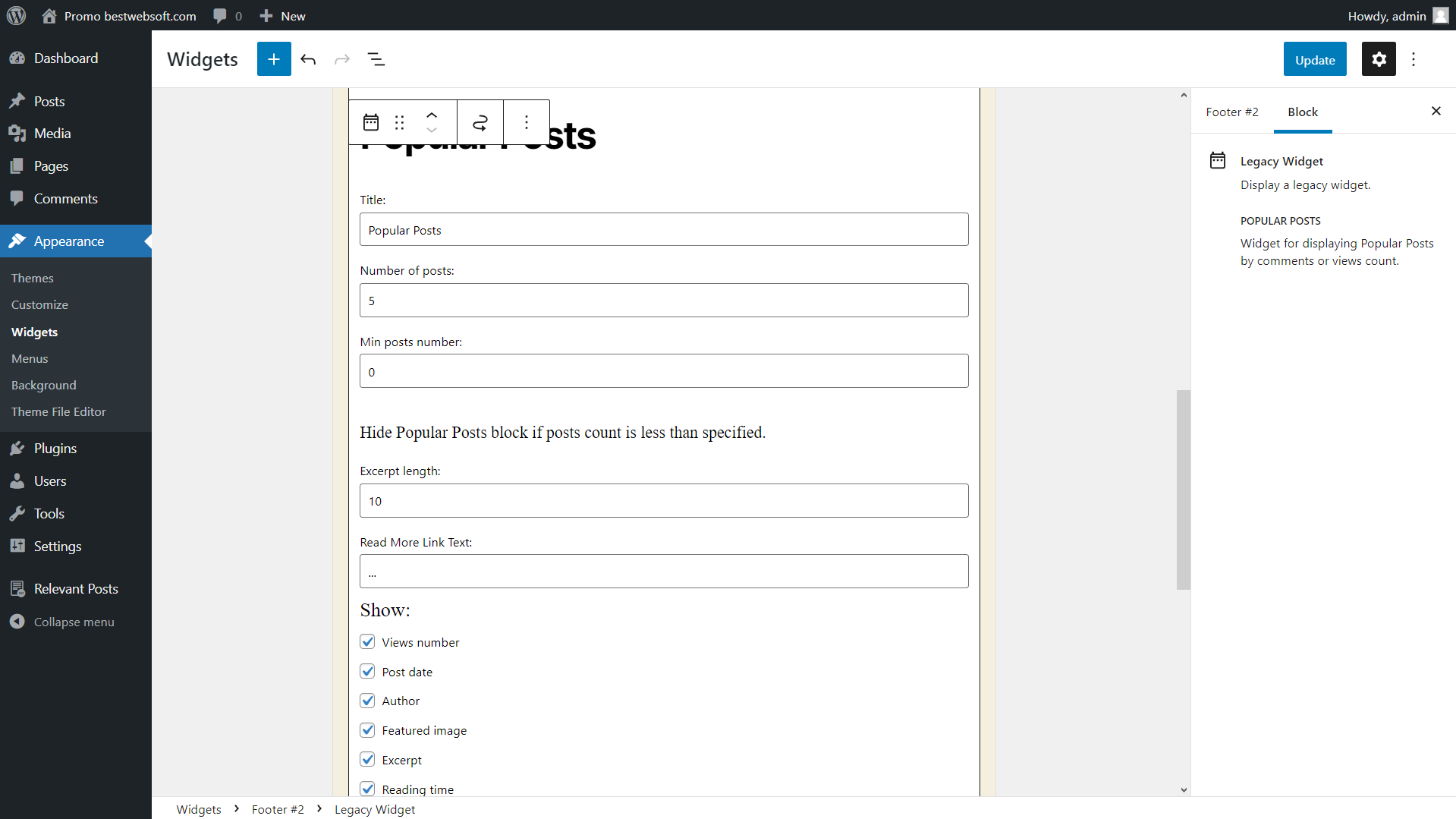 Popular Posts Settings page.