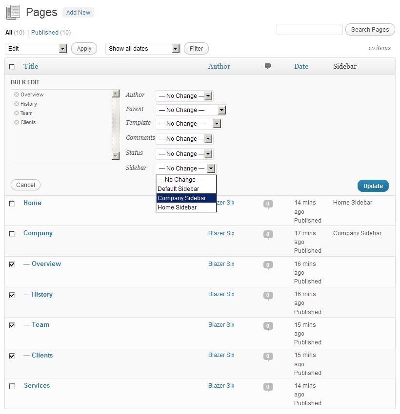 Bulk edit in action. Easily assign a sidebar to multiple pages. (Quick edit works, too!)
