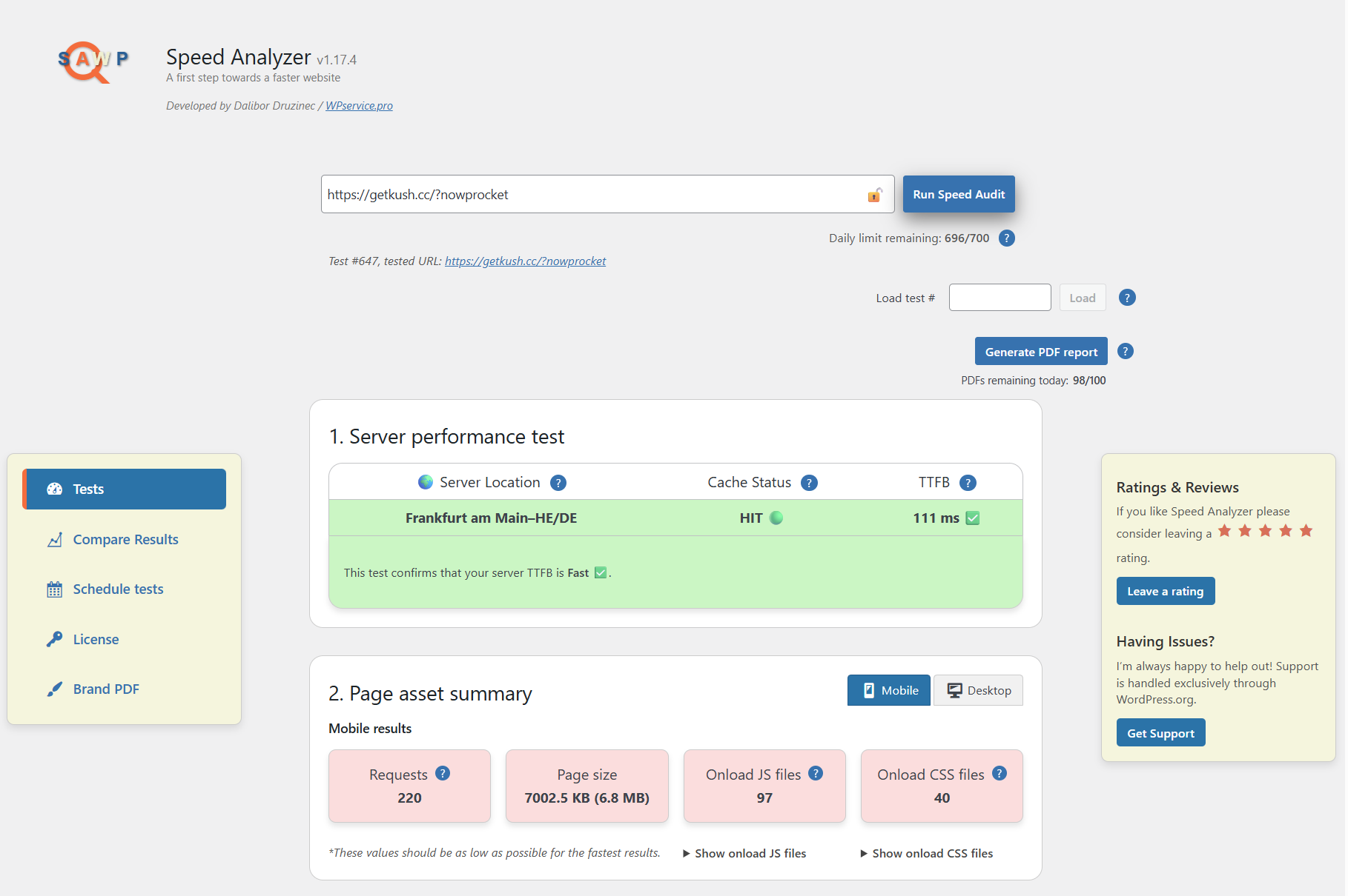 Dashboard view – Server performance and page asset summary