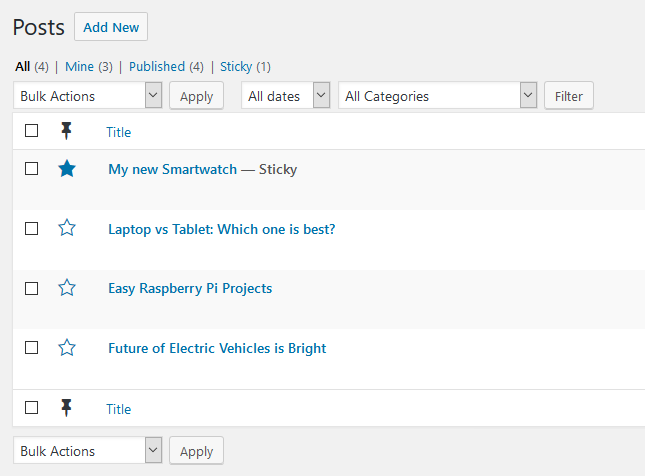 The sticky post column at the admin list post page