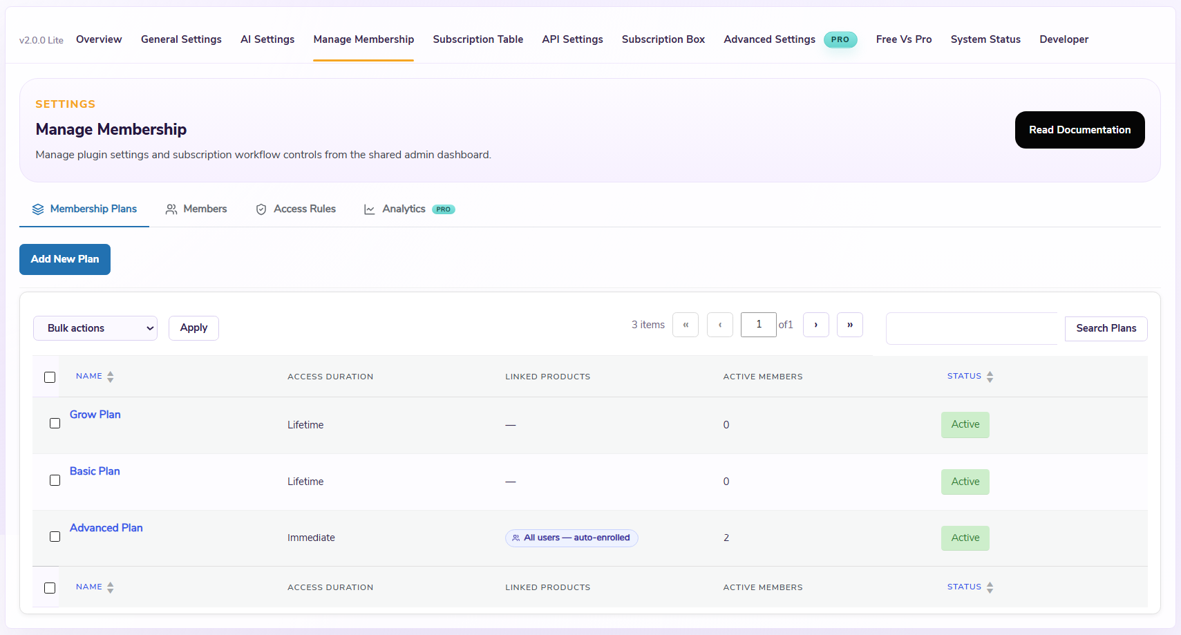 Manage Membership Plan