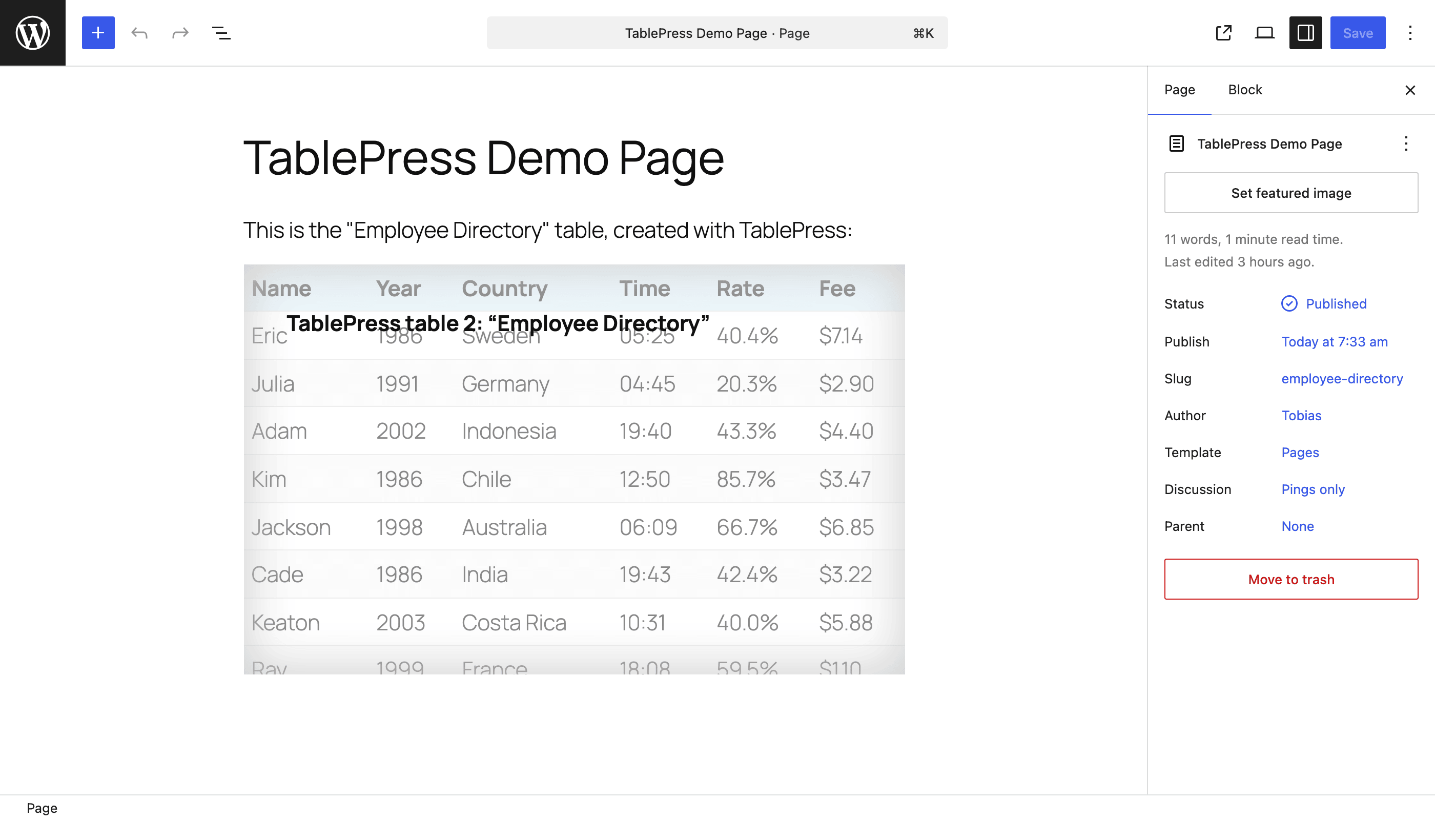 The “TablePress table” block in the block editor