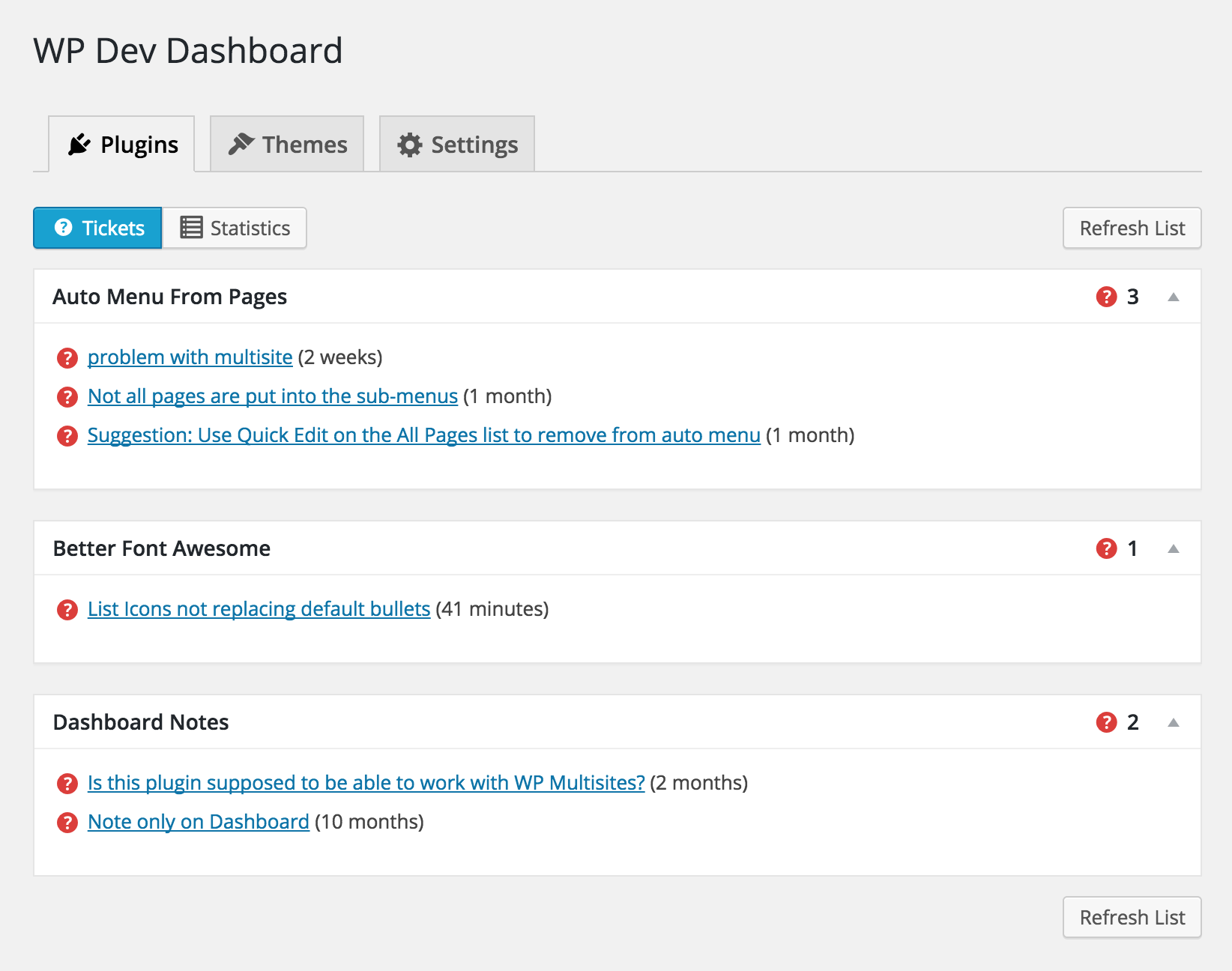 Viewing support requests for plugins/themes.