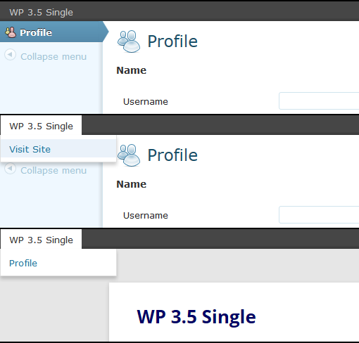 WordPress 3.5 Subscribers profile page and public-facing site with WP Hide Dashboard activated (Single)