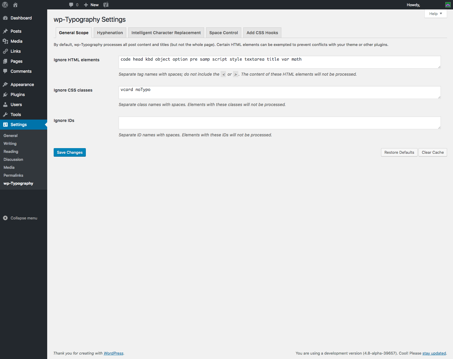 wp-Typography "General" settings page.