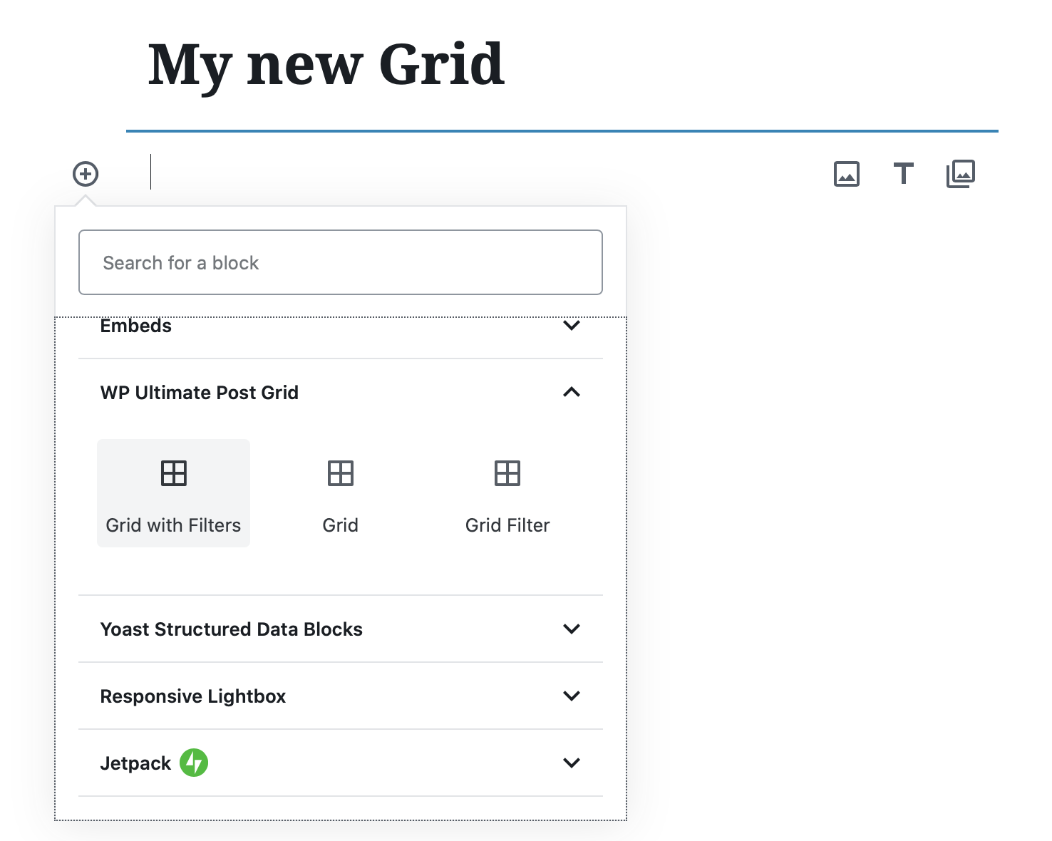 Use Gutenberg Blocks to add your grids to any post or page...