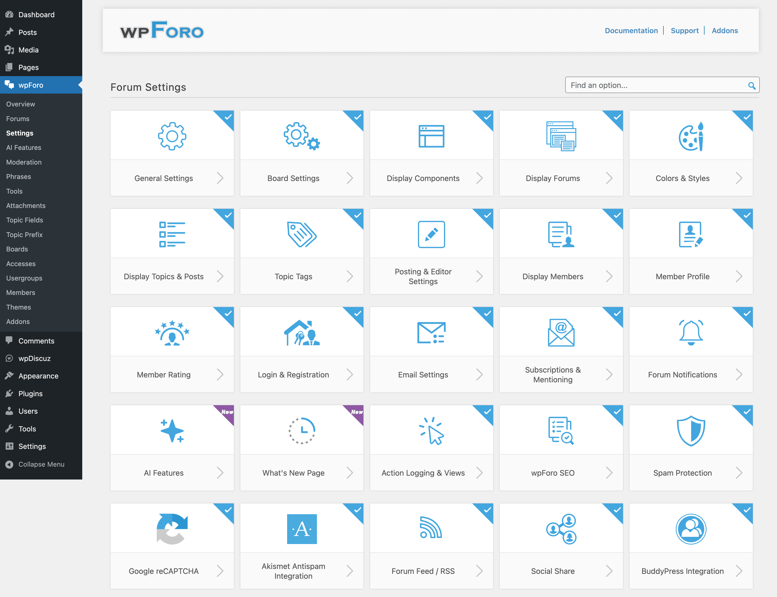 Dashboard Settings Boxes and Single Setting Page