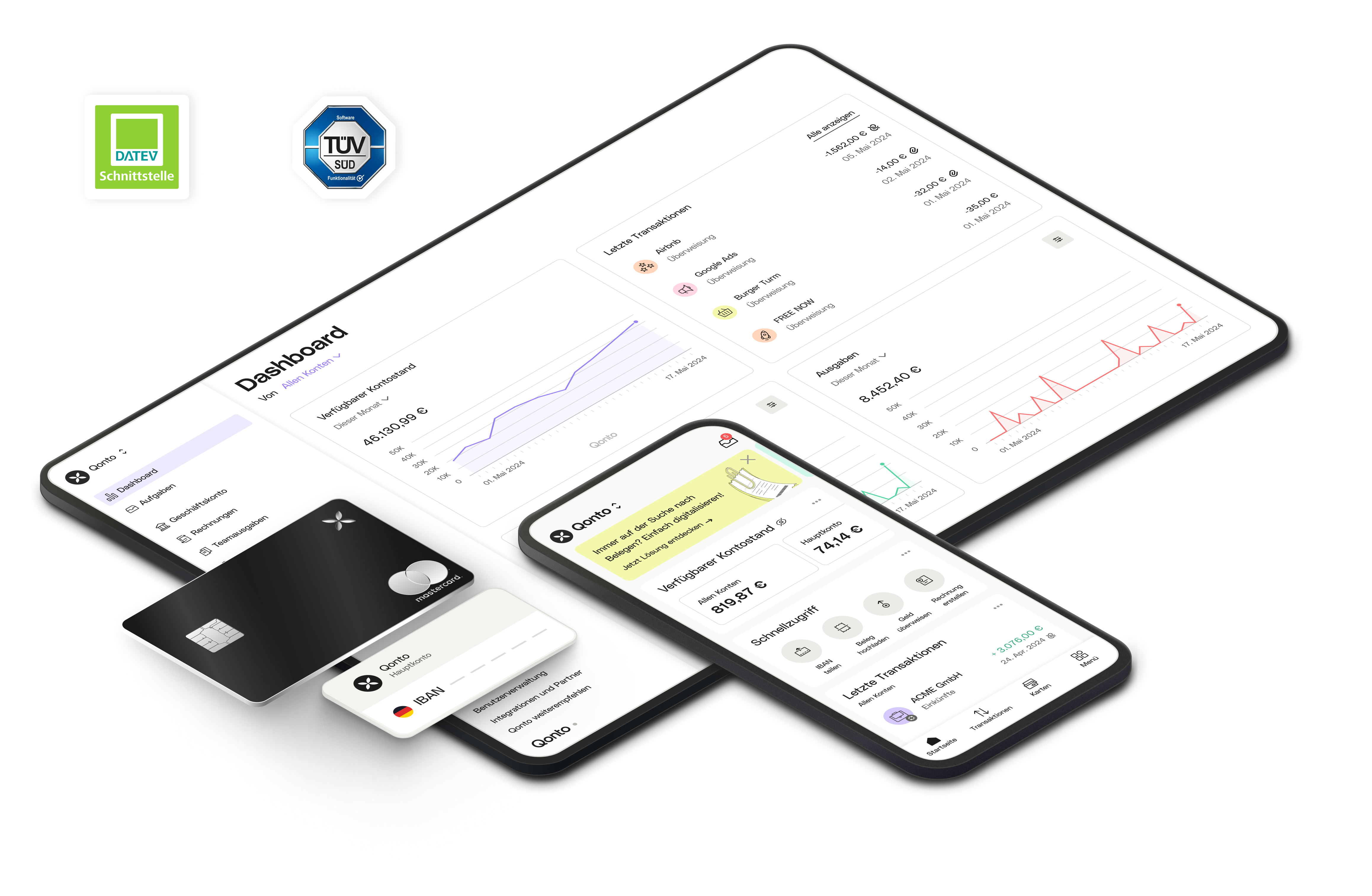 Ui Mockup Hero Childpage Geschäftskonto XCard Iban HomeApp Dashboard DATEV TÜV