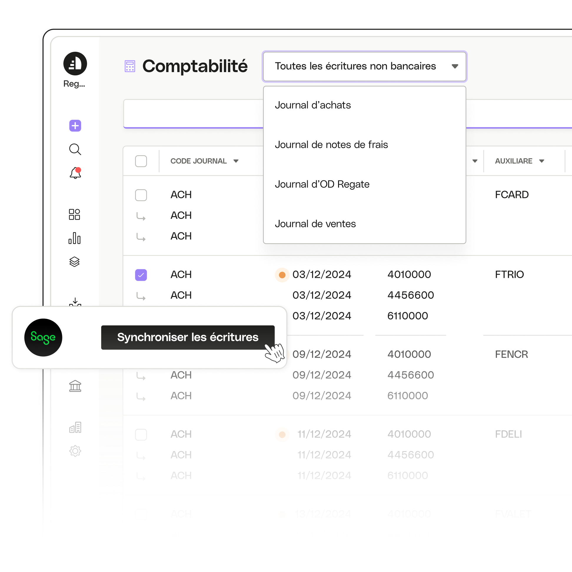 Sujet de l'interface utilisateur en surbrillance Intégrations comptables avancées Regate Accountant Sage GE