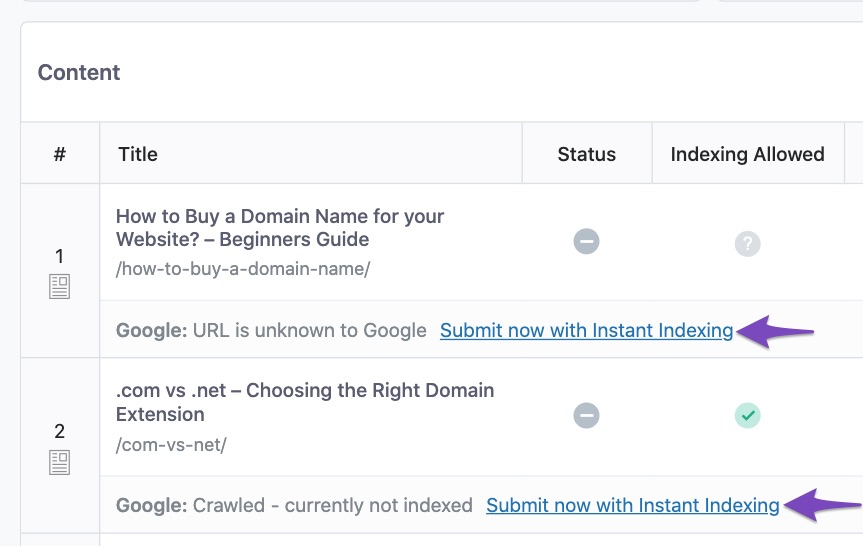 Submit now with Instant Indexing option