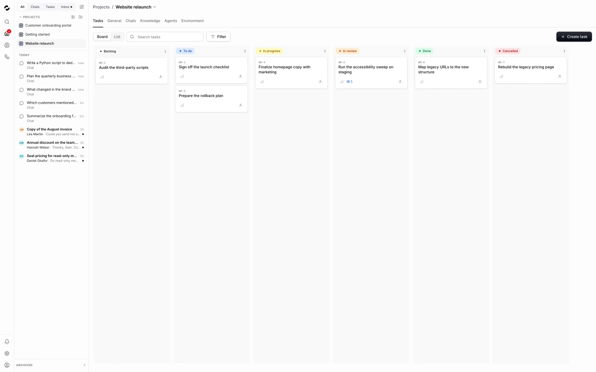 Tale's project task board groups work by status, from backlog to reviewed results.