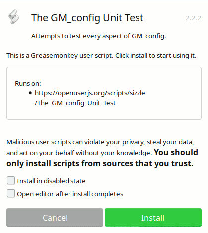 Greasemonkey script installation warning Screenshot of Greasemonkey script installation warning