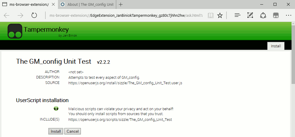 Installing a script Screenshot of Tampermonkey script installation