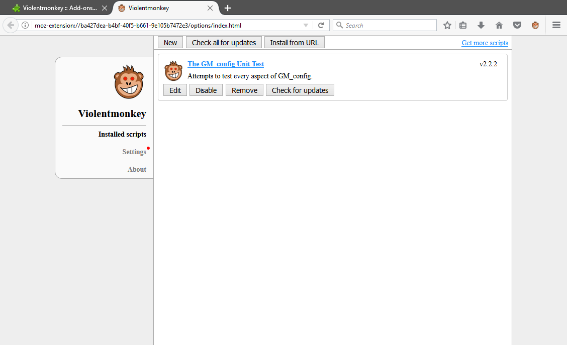 Violentmonkey Dashboard Screenshot of Violentmonkey Dashboard