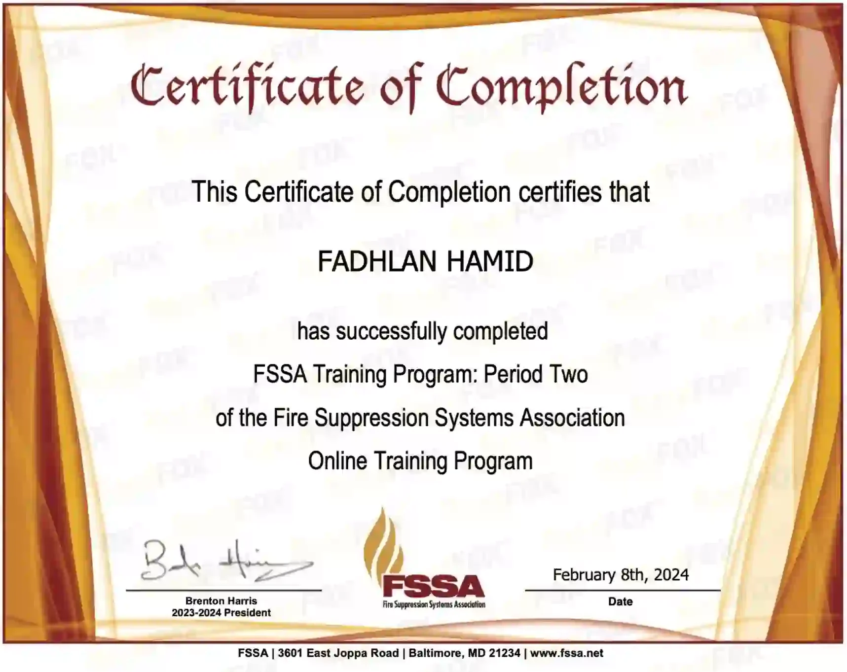 Sertifikat FSSA Fadhlan Hamid ReedFOX Fire Suppression Engineer 2
