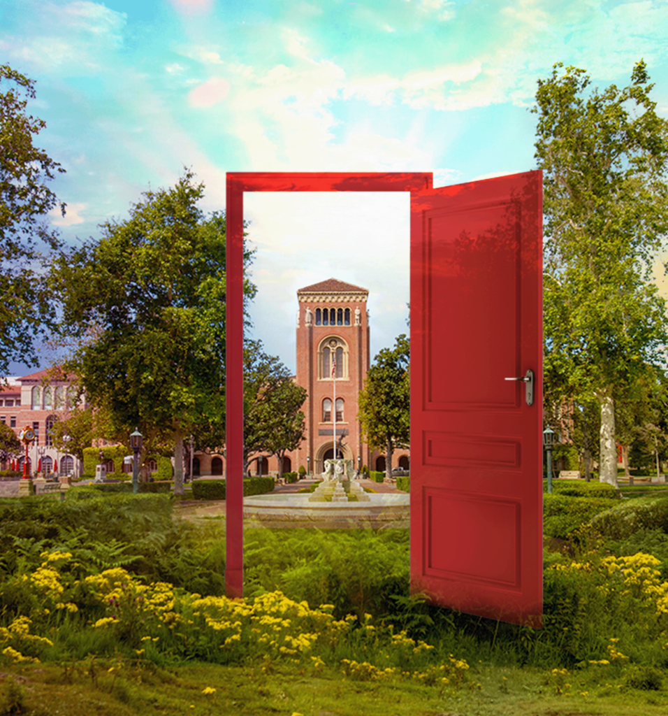 red door grass tree sky USC building composite