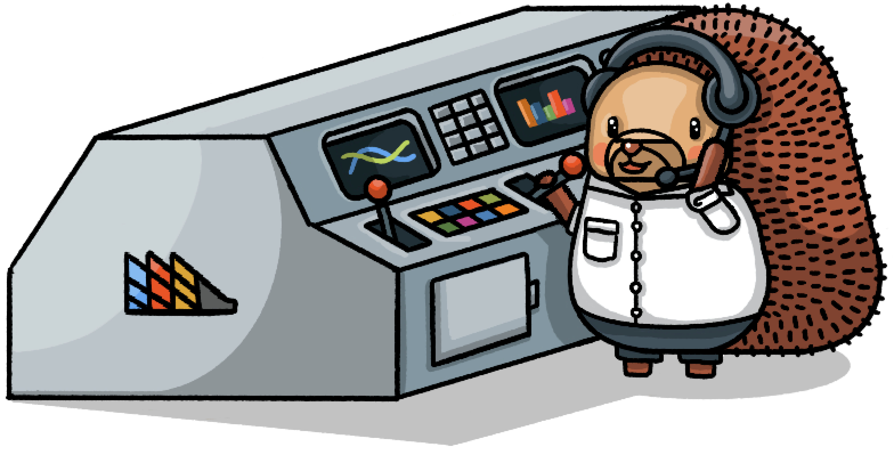 A hog standing in front of mission control controls
