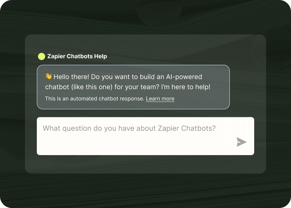 Zapier Chatbots interface prompting the user to built an AI-powered chatbot, with a text field prompting "What question do you have about Zapier Chatbots?"