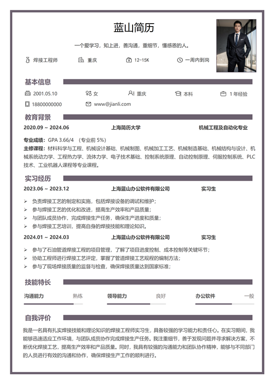 焊接工程师个人简历模板 焊接工程师个人简历模板