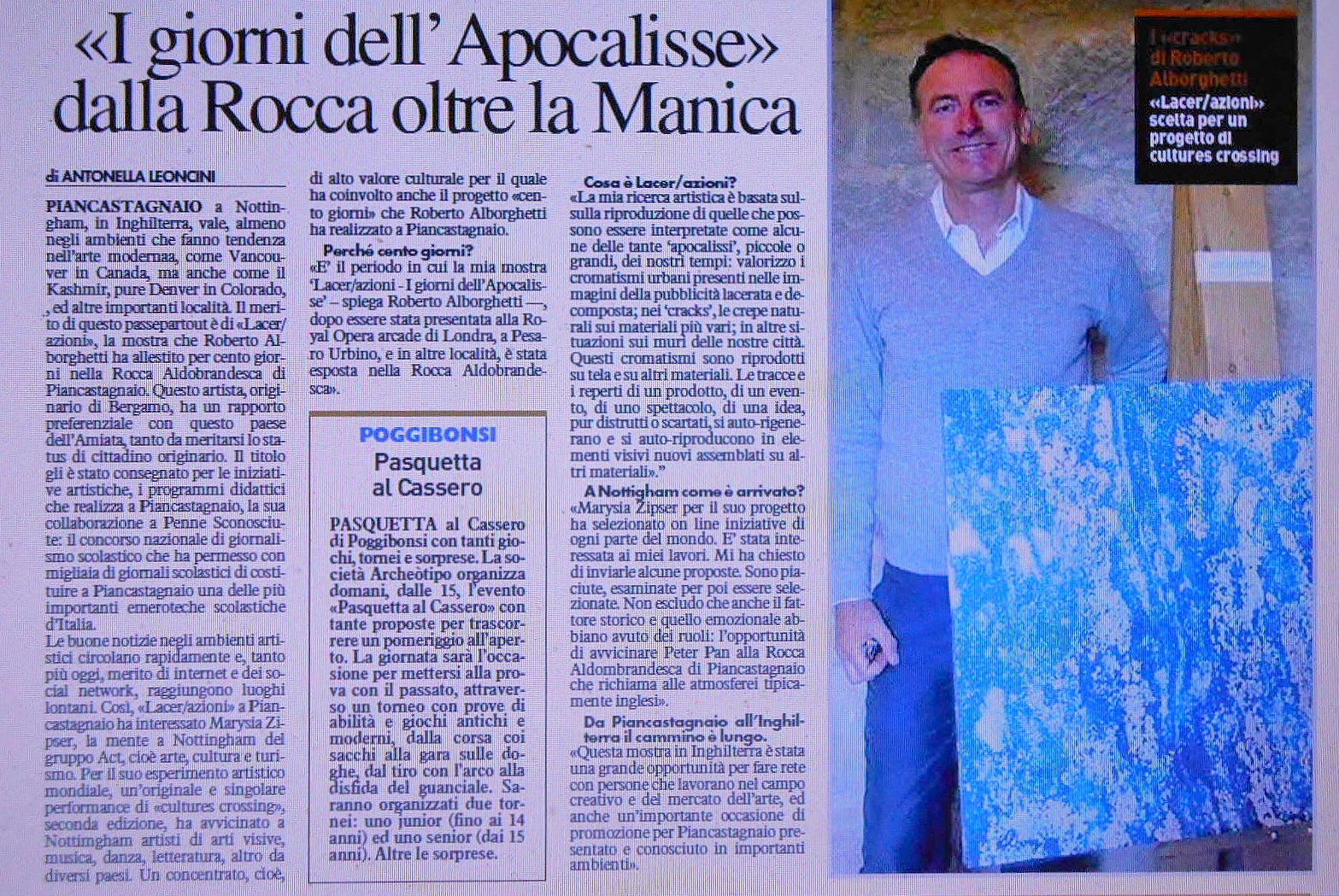 LA NAZIONE Newspaper - April 20, 2014, Story by journalist Antonella Leoncini