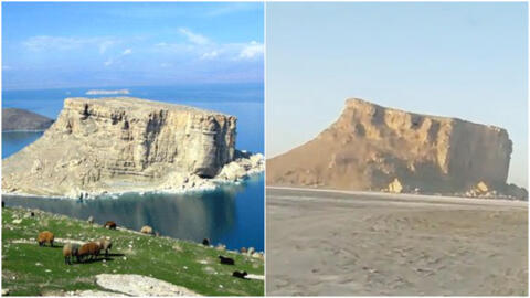 Left: Once upon a time (about 20 years ago), Urmia Lake was a scenic place with a large rocky island in its midst. Right: This screenshot from a video published on September 5 of this year shows the same rocky island— but the lake has dried up. 