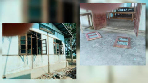 Images verified by the NGO Myanmar Witness show damage to a school after an air raid in Ye-u village, Sataing region, Myanmar, May 2023.