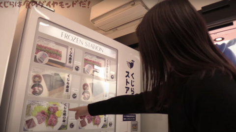 This is a screengrab of a vlog promoting a vending machine stocked with whale meat that has recently been installed in Tokyo. The vlog appeared on Kujira Japan, a website that promotes the consumption of whale meat.