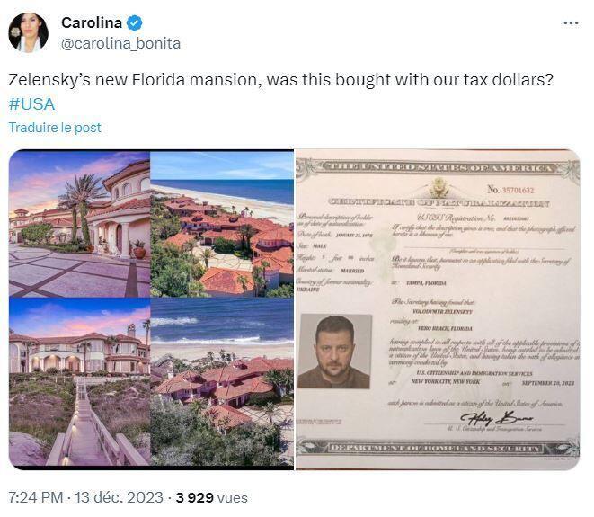 This is a screengrab of an X post shared on December 13, claiming that the Ukrainian president bought a villa in Florida.