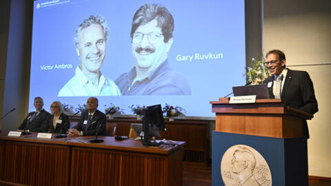 O presidente do comitê do Nobel, Thomas Perlmann, anuncia os americanos Victor Ambros e Gary Ruvkun, vencedores do Nobel de Medicina, nesta segunda-feira (7).