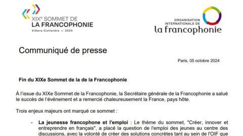 OIF / Fin du XIXe Sommet de la de la Francophonie: À l’issue du XIXe Sommet de la Francophonie, la Secrétaire générale de la Francophonie a salué le succès de l’événement, Paris 05 octobre 2024.