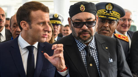 French President Emmanuel Macron with Morocco's King Mohamed VI at Rabat Agdal train station for the inauguration of a high-speed railway line on 15 November 2018.