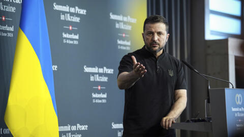 Ukraine's President Volodymyr Zelenskyy speaks during a press conference at the Ukraine peace summit in Obbürgen, Switzerland, Sunday, June 16, 2024.