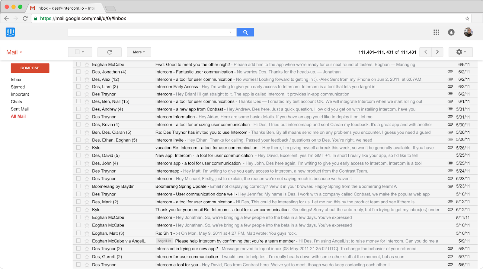 Screenshot of a Gmail inbox from 2011, filled with emails from Des Traynor to Intercom users & customers.