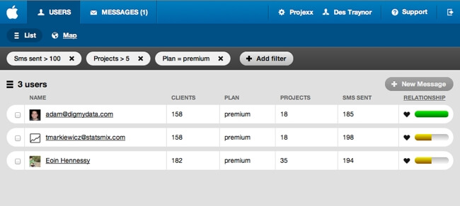 Screenshot of Intercom User List, 2011. List of 3 users shown, as well as filter settings for selecting those users from a larger list.