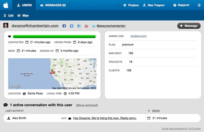 Screenshot of Intercom User Profile, 2011. User profile shown including their location on a map, links to their social media profiles and business data.