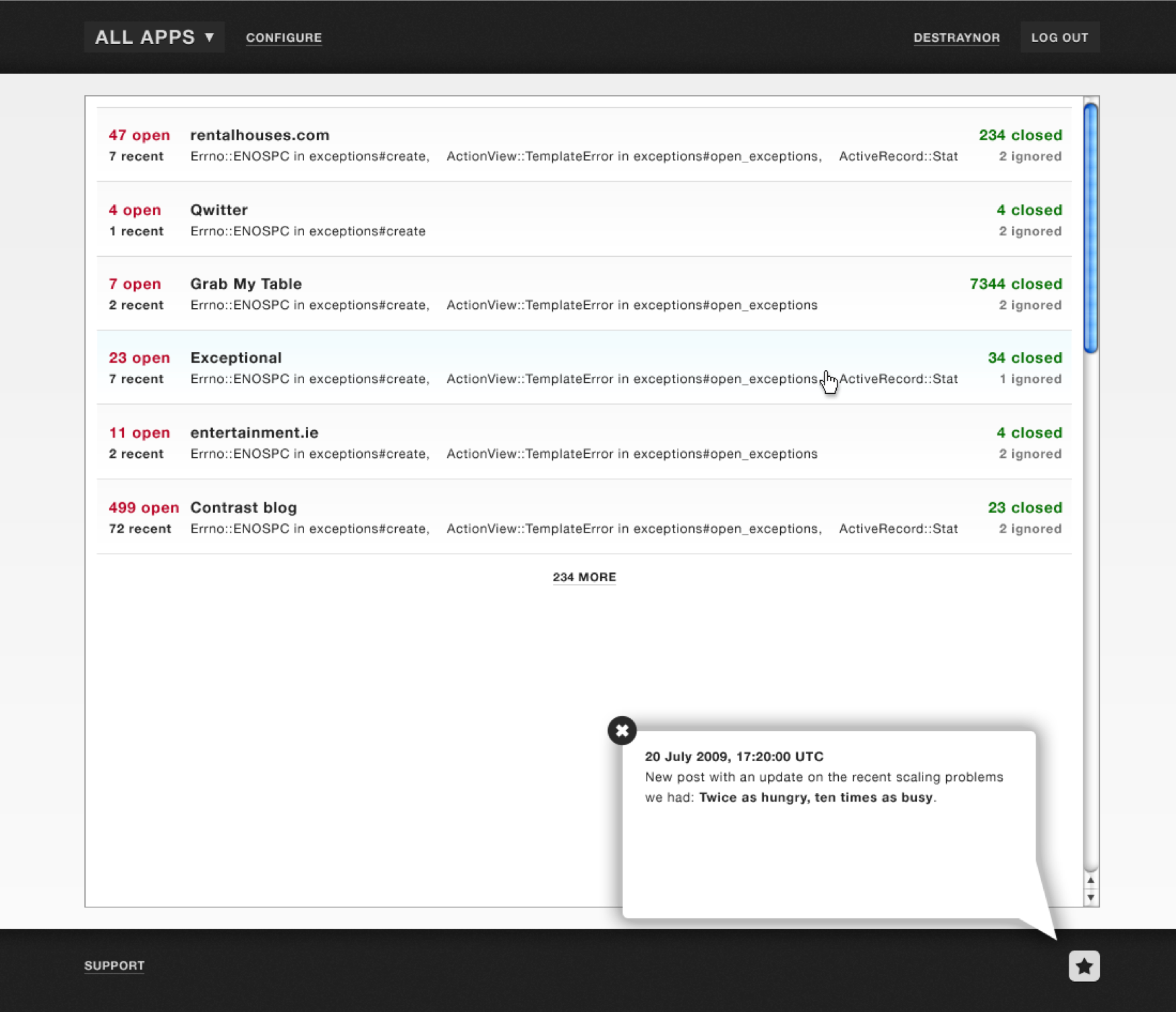 Screenshot of the feature that became Intercom, pre-2011. Plain dashboard with text box in bottom right corner containing message for users.