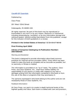 2
Cisco® ISP Essentials
Published by:
Cisco Press
201 West 103rd Street
Indianapolis, IN 46290 USA
All rights reser