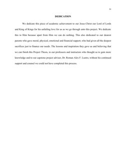 iv
DEDICATION
We dedicate this piece of academic achievement to our Jesus Christ our Lord of Lords
and King of Kings for his