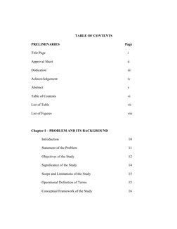 TABLE OF CONTENTS
PRELIMINARIES
Page
Title Page
i
Approval Sheet
ii
Dedication
iii
Acknowledgement
iv
Abstract