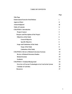 iv
TABLE OF CONTENTS
Page
Title Page
Endorsement Form for Oral Defense
i
Approval Sheet
ii
Acknowledgment
iii
Table of Conten