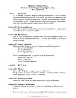REQUEST FOR PROPOSAL
Bumblebee Electric Propulsion Light Sport Airplane
Poway, California
S.R.H. Holdings, Inc requ
