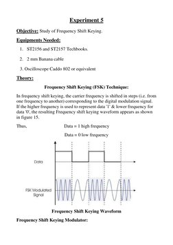 Experiment 5
Objective: Study of Frequency Shift Keying.
Equipments Needed:
1. ST2156 and ST2157 Techbooks.
2. 2 m