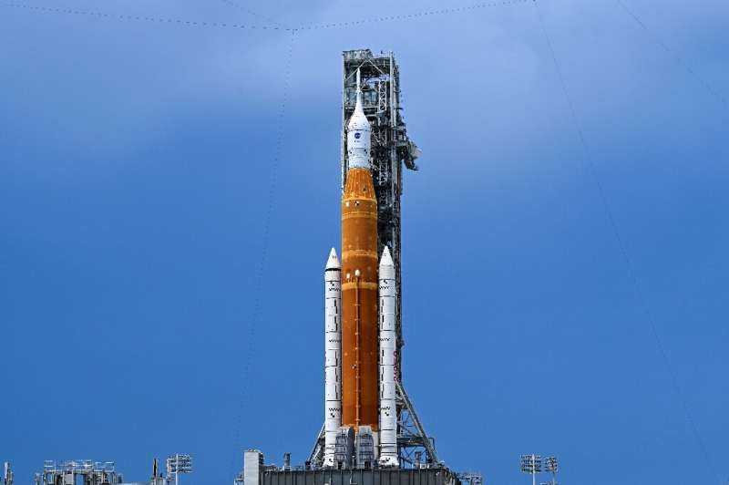 NASA's SLS rocket is seen August 26, 2022 at Kennedy Space Center in Florida