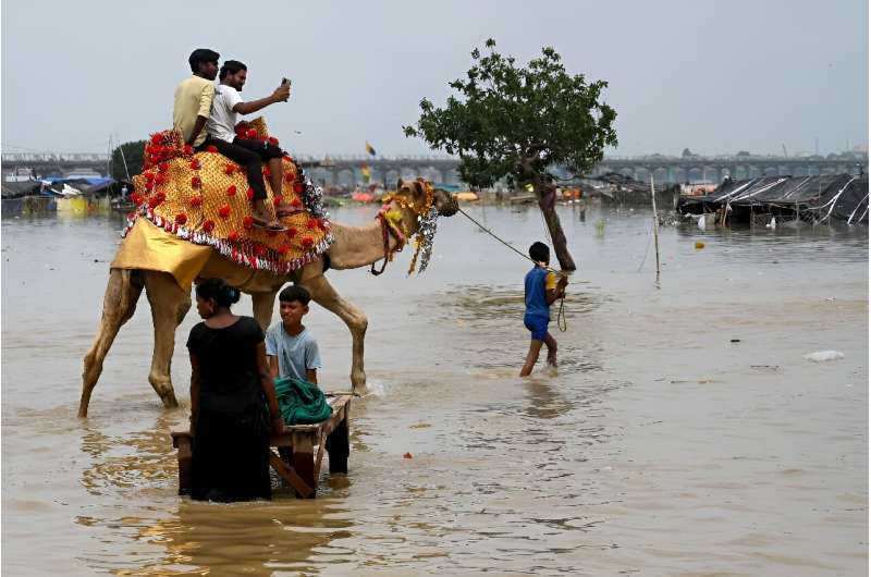 Men riding a camel across  a flooded field on the banks of river Ganges in India on August 6