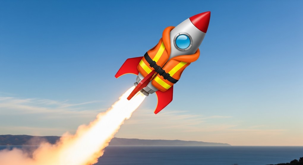 A rocket streaking across the sky wearing a life vest to symbolize deploying safely